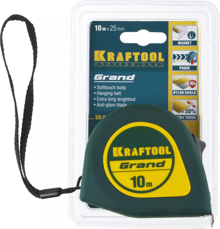 Рулетка KRAFTOOL GRAND, обрезиненный пластиковый корпус, 10м/25мм 34022-10-25 купить в Нягани