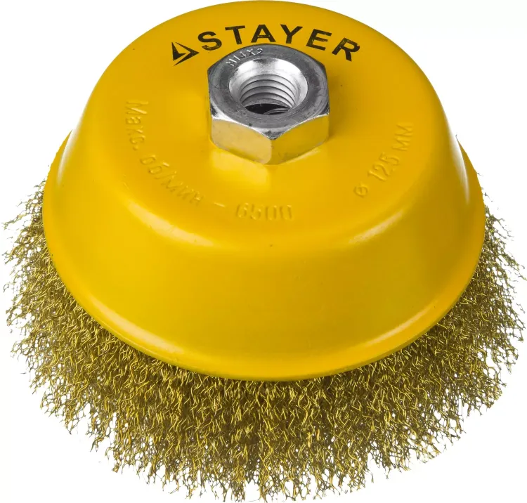STAYER "PROFESSIONAL". Щетка чашечная для УШМ, витая стальная латунированная проволока 0,3мм, 125ммхМ14 35125-125 купить в Нягани