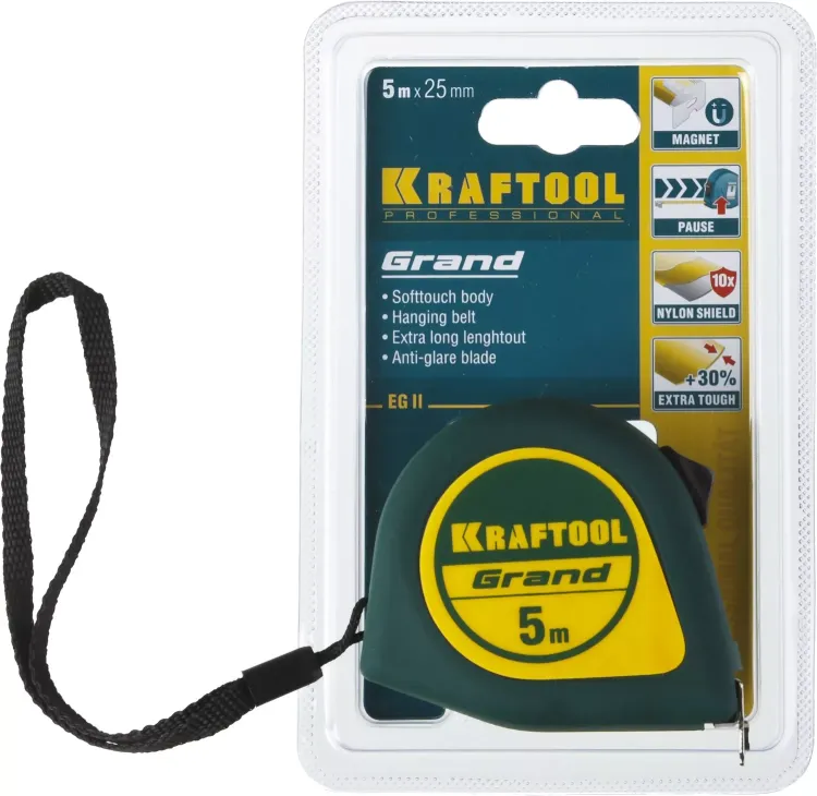 Рулетка KRAFTOOL GRAND, обрезиненный пластиковый корпус, 5м/25мм 34022-05-25 купить в Нягани