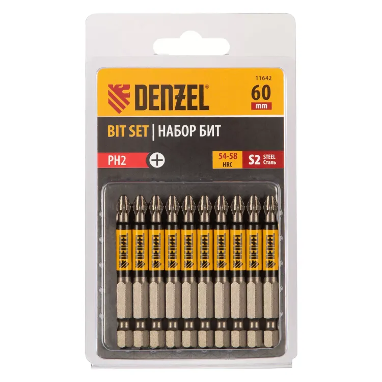 Бита PH2х60, сталь S2, цилиндр., 10 шт. Е 6,3 Denzel 11642 купить в Нягани