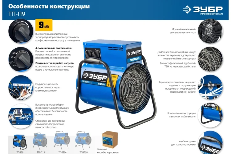 ЗУБР 9 кВт, электрическая тепловая пушка, Профессионал (ТП-П9) купить в Нягани
