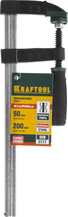Струбцина, KRAFTOOL 32011-050-200, тип "F", DIN 5117, двухкомпонентная ручка, 50х200мм 32011-050-200 купить в Нягани