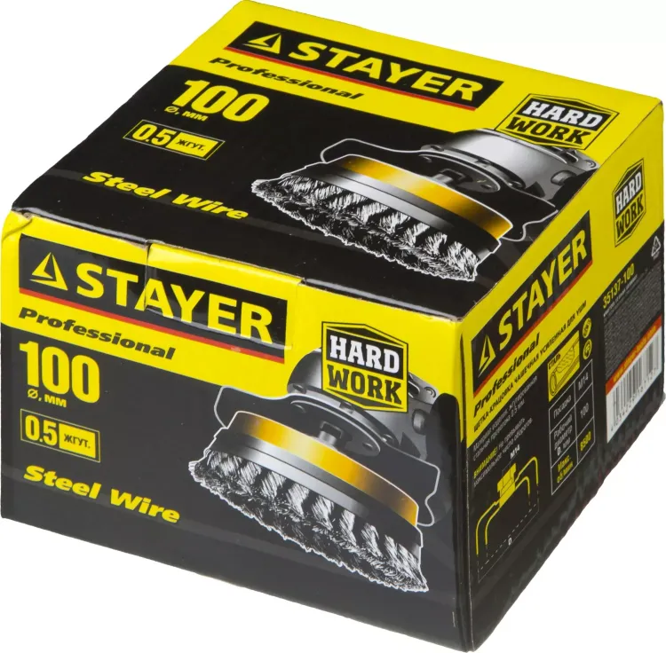 STAYER "PROFESSIONAL". Щетка чашечная усиленная для УШМ, жгутированная стальная проволока 0,5мм, 100ммхМ14 35137-100 купить в Нягани