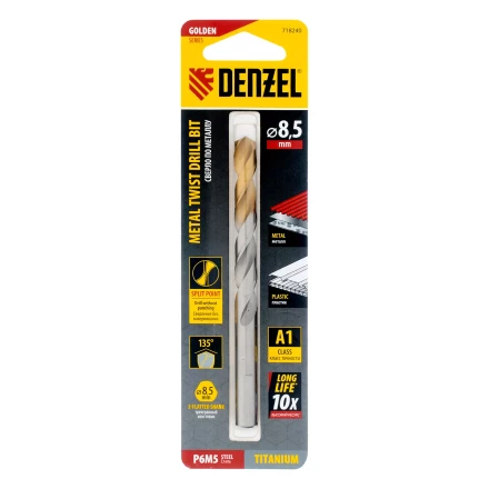 Сверло спиральное по металлу Denzel 8,5 x 117 мм, Р6М5, Golden Tip, 718240 купить в Нягани