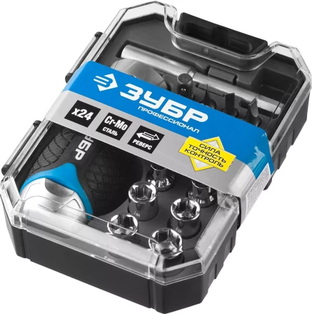 Набор ЗУБР &quot;ПРОФЕССИОНАЛ&quot;: Отвертка реверсив с двухкомп рукоят, насадки, CrMo, рукоят с отсеком для хранения бит, 24 предмета 25353-H24 купить в Нягани