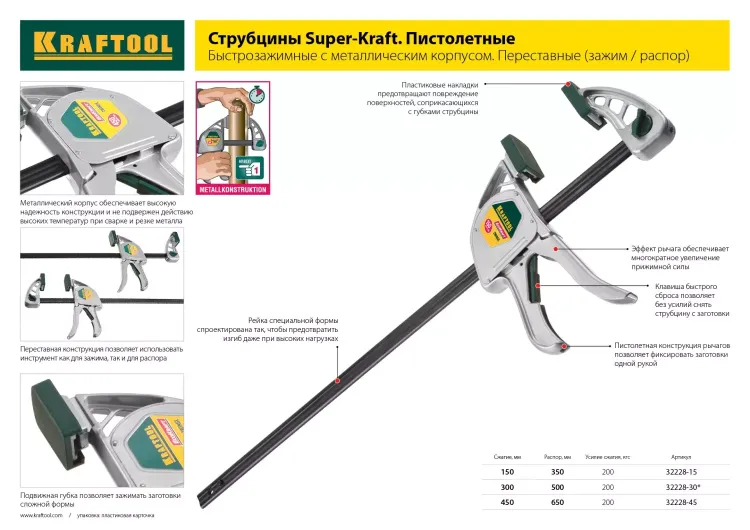 Струбцина, KRAFTOOL 32011-080-300, тип "F", DIN 5117, двухкомпонентная ручка, 80х300мм 32011-080-300 купить в Нягани