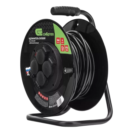 Удлинитель силовой Сибртех 20 м, 16А, тип УХз16, ПВС 3 x 2.5 мм, на стальной катушке, 4 розетки  95872 купить в Нягани