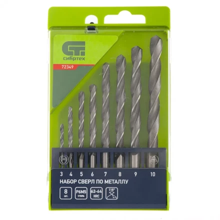 Набор сверл по металлу 3-10 мм 8 штук Р6М5 пластиковый кейс СИБРТЕХ артикул 72349 купить в Нягани