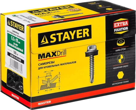 Саморезы СКМ кровельные, RAL 6005 зеленый насыщенный, 19 x 5.5 мм, 500 шт, для металлических конструкций, STAYER 30305-55-019-6005 купить в Нягани