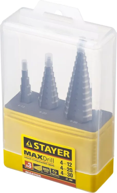Набор STAYER "MASTER": Ступенчатые сверла по сталям и цвет.мет., сталь HSS, d=4-12мм,5 ступ. d 4-20 мм 9 ступ., d 4-30мм 14ступ. 29660-4-30-H3 купить в Нягани