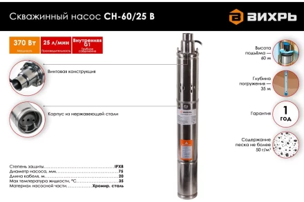 Скважинный насос Вихрь СН-60/25 В 68/3/14 купить в Нягани