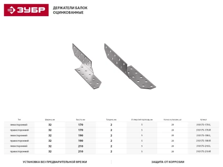 Держатель балки ЗУБР &quot;МАСТЕР&quot; левосторонний, 32х210мм, 20шт 310175-210-L купить в Нягани