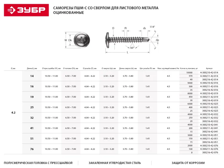 Саморезы ЗУБР с прессшайбой и сверлом по листовому металлу до 2мм, PH2, 4,2х32мм, ТФ7, 35шт 4-300217-42-032 купить в Нягани