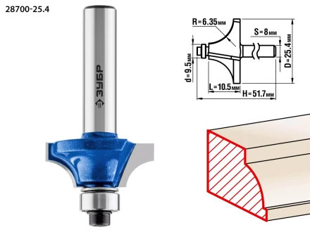 ЗУБР 25.4 x 10.5 мм, радиус 6.3 мм, фреза кромочная калевочная №1, Профессионал (28700-25.4) купить в Нягани