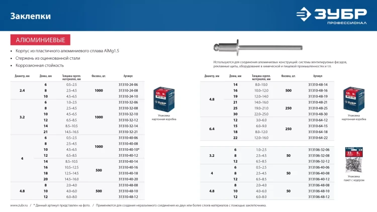 ЗУБР 4.8 x 30 мм, 250 шт, алюминиевые заклепки, Профессионал (31310-48-30) купить в Нягани