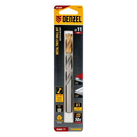 Сверло спиральное по металлу Denzel, 11 x 142 мм, Р6М5, Golden Tip, 718243 купить в Нягани