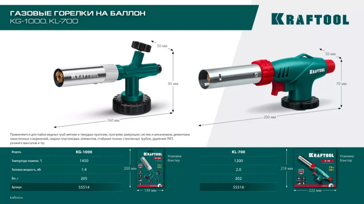 KG-1000 цельнометаллическая газовая горелка с пъезоподжигом, на баллон с цанговым соединением, 1450°C 55514 купить в Нягани