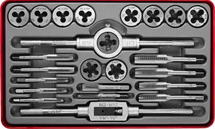 Набор ЗУБР &quot;ЭКСПЕРТ&quot; с металлореж. инструментом, метчики однопроходные и плашки М5-М12, оснастка-в метал. боксе, 24пред. 28116-H24 купить в Нягани