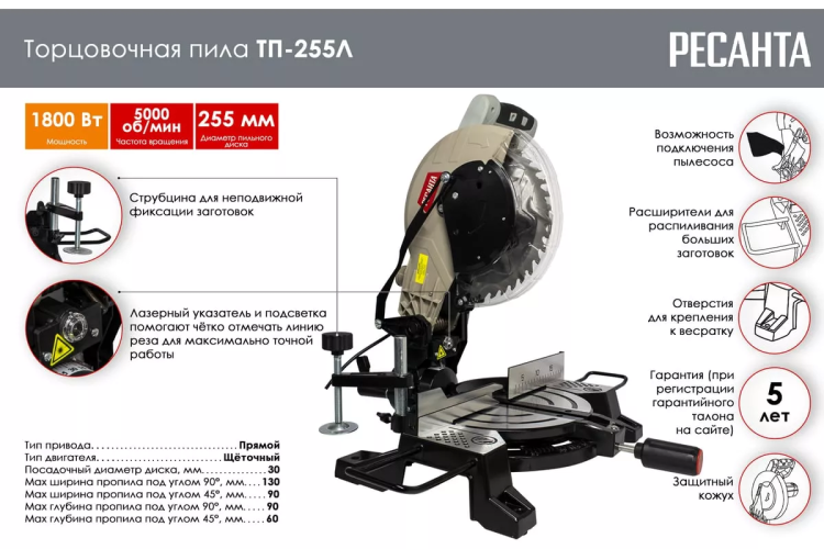 Торцовочная пила Ресанта ТП-255Л 75/18/3 купить в Нягани