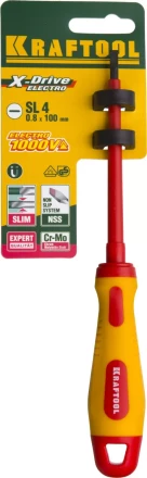 Отвертка KRAFTOOL, высоковольтная, Cr-Mo-V стержень, двухкомпонент. маслобензостойкая рукоятка, SL, 4,0х100мм 250083-4.0-100 купить в Нягани