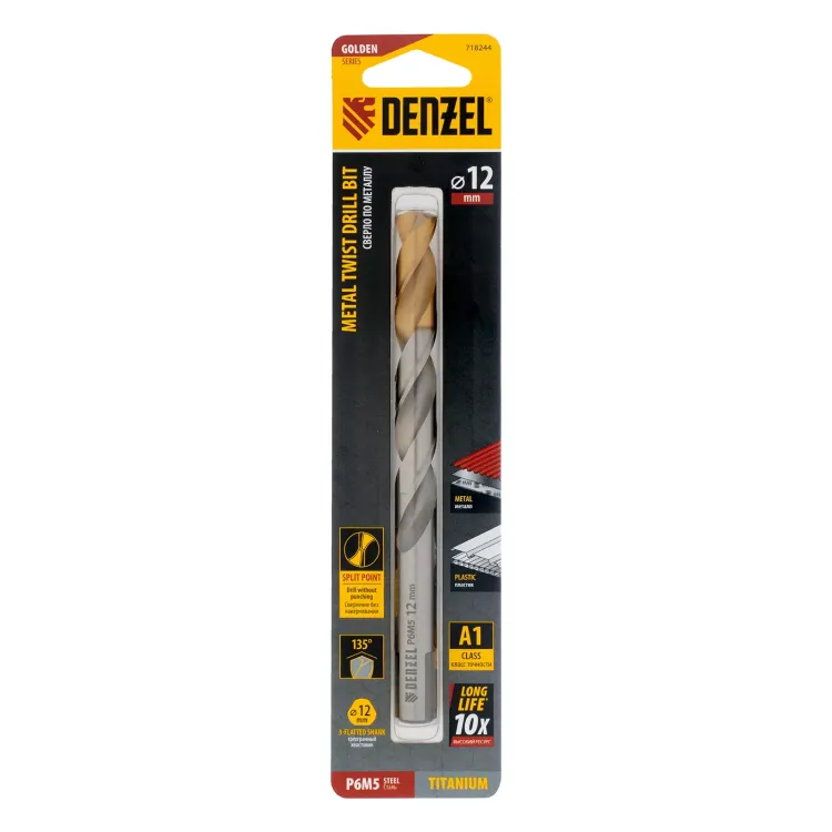 Сверло спиральное по металлу Denzel,  12 x 151 мм, Р6М5, Golden Tip 718244 купить в Нягани