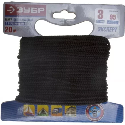 Шнур ЗУБР полиамидный, плетеный, повышенной нагрузки, с сердечником, черный, d 3, 20м 50311-03-020 купить в Нягани