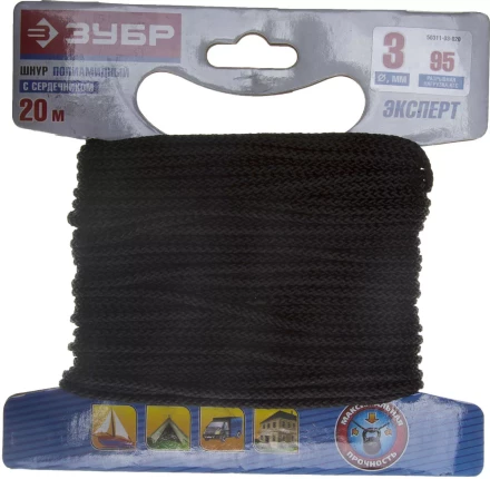Шнур ЗУБР полиамидный, плетеный, повышенной нагрузки, с сердечником, черный, d 3, 20м 50311-03-020 купить в Нягани