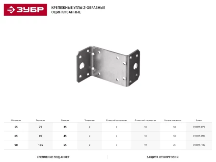 Крепежный угол ЗУБР &quot;МАСТЕР&quot; Z-образный, 65х90х45мм, 50шт 310145-090 купить в Нягани