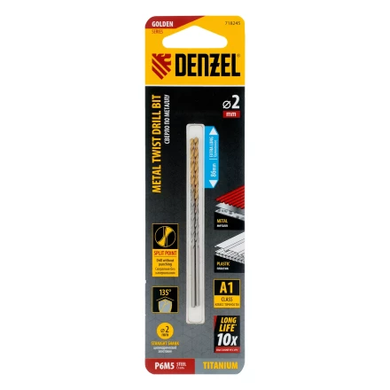 Сверло спиральное по металлу Denzel  2 х 86 мм Р6М5, Golden Tip, удлиненное, 2шт., 718245 купить в Нягани