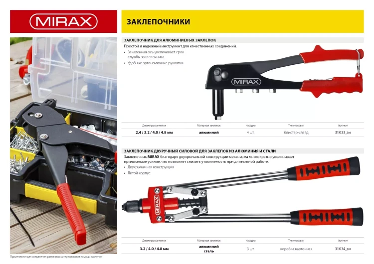 Заклепочник, MIRAX 31033, для алюминиевых заклепок d=2,4 / 3,2 / 4,0 / 4,8 мм, длина 225мм 31033_z01 купить в Нягани
