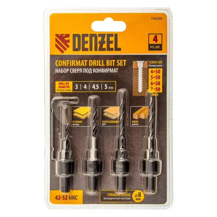 Набор сверл под конфирмат Denzel 704240, 3-5 мм, набор 4 шт купить в Нягани