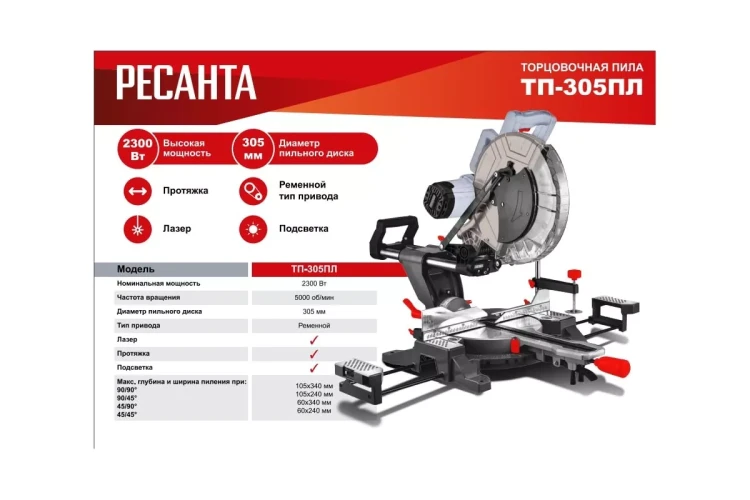Торцовочная пила Ресанта ТП-305ПЛ 75/18/6 купить в Нягани