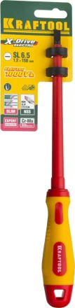 Отвертка KRAFTOOL, высоковольтная, Cr-Mo-V стержень, двухкомпонент. маслобензостойкая рукоятка, SL, 6,5х150мм 250083-6.5-150 купить в Нягани