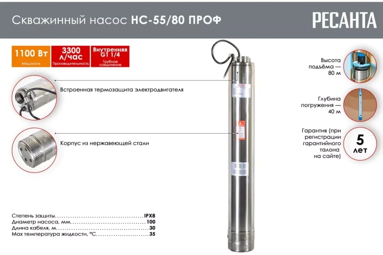 Скважинный насос Ресанта НС-55/80 ПРОФ 77/3/2 купить в Нягани