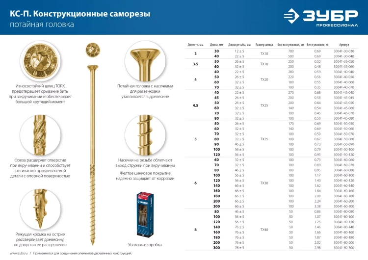 ЗУБР КС-П, 300 х 6.0 мм, TX30, потайная головка, желтый цинк, 100 шт, конструкционный саморез, Профессионал (30041-60-300) купить в Нягани