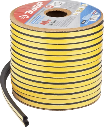 ЗУБР 40 м, D-профиль, размер 14 х 12 мм, черный, самоклеящийся промышленный резиновый уплотнитель, Профессионал (40950-14-40) купить в Нягани