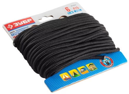 Шнур ЗУБР полиамидный, плетеный, повышенной нагрузки, с сердечником, черный, d 6, 20м 50311-06-020 купить в Нягани