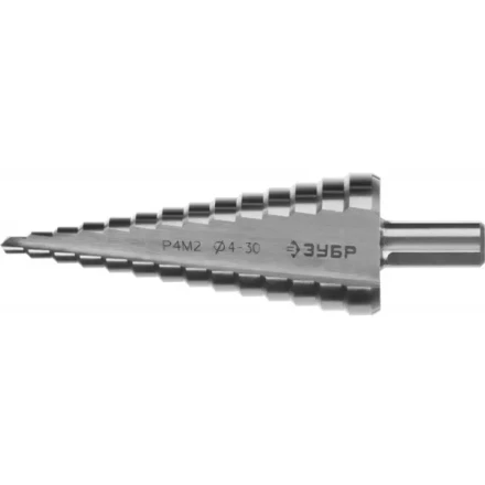 Сверло ЗУБР &quot;МАСТЕР&quot; ступенчатое по сталям и цвет.мет., быстрорежущая сталь, d=4-30мм, 14ступ.d=4-30, L-100мм, трехгран. хв.10мм 29665-4-30-14 купить в Нягани