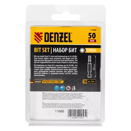 Бита TX 8х50, сталь S2, шестигранный профиль, 10 шт. Е 6,3 Denzel 11666 купить в Нягани