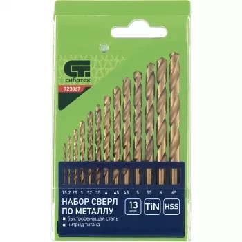 Набор нитридтитан. сверл по металлу 1,5-6,5мм через 0,5мм+3,2мм 4,8мм НSS,13 штук СИБРТЕХ 723867 купить в Нягани
