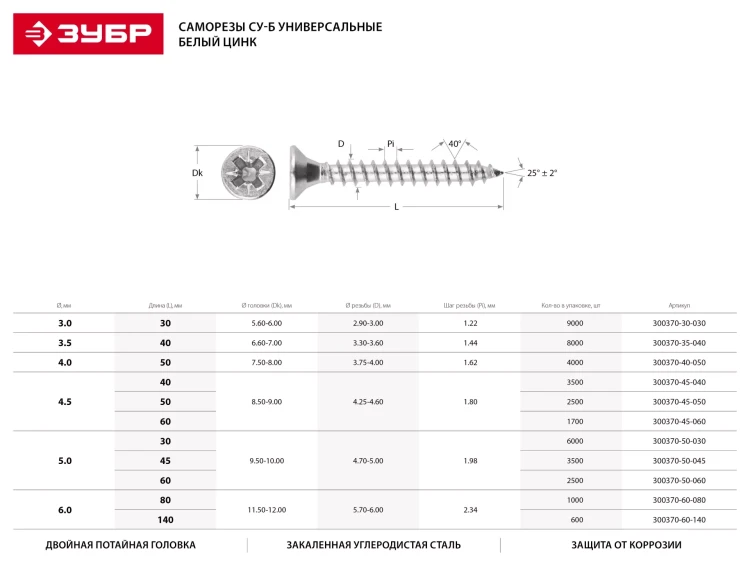 Саморезы СУ-Б универсальные, 50 x 4.0 мм, 4 000 шт, белый цинк, ЗУБР 300370-40-050 купить в Нягани