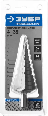 Сверло ЗУБР ступенчатое по сталям и цвет.мет.ст.Р6М5,d4- 39мм,14ступ.d4-39,L -113 мм, трехгран.хв. 10мм 29670-4-39-14 купить в Нягани