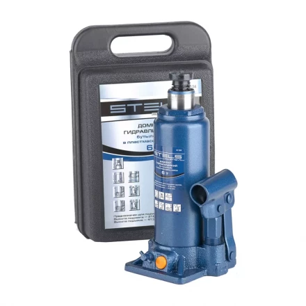 Домкрат гидравлический бутылочный 6 т h подъема 216–413 мм в пластиковом кейсе  STELS 51124 купить в Нягани