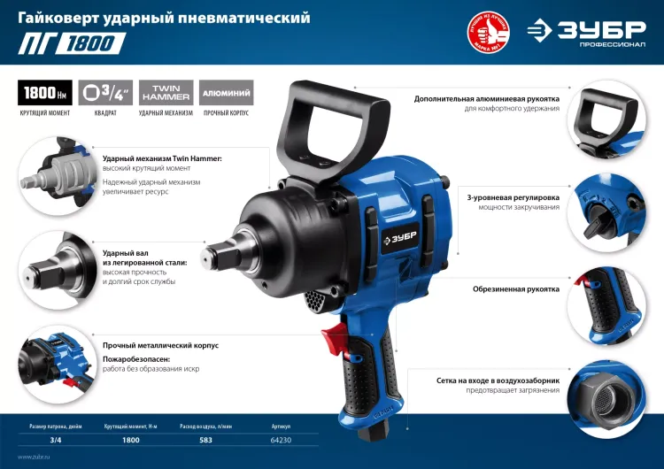 Ударный пневмогайковерт ПГ-1800 64230 серия ПРОФЕССИОНАЛ купить в Нягани