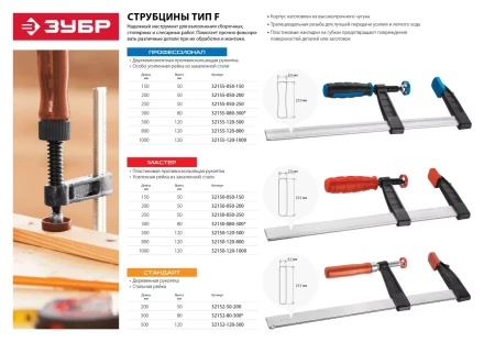 Струбцина ЗУБР &quot;СТАНДАРТ&quot;, тип &quot;F&quot;, деревянная ручка, стальная закаленная рейка, 50х200мм 32152-50-200 купить в Нягани