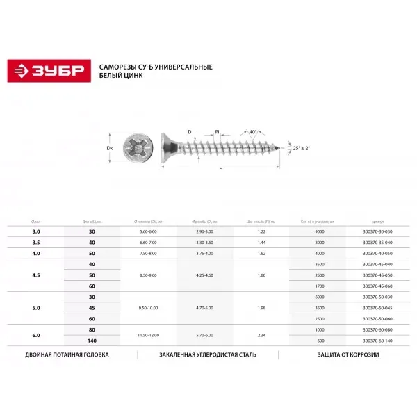 Саморезы СУ-Б универсальные, 60 x 4.5 мм, 1 700 шт, белый цинк, ЗУБР 300370-45-060 купить в Нягани