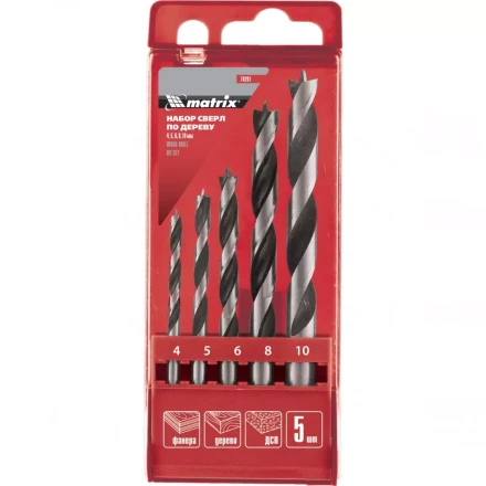 Набор сверл по дереву 4-5-6-8-10мм  цилиндрический хвостовик пластиковый кейс MATRIX 70281 купить в Нягани