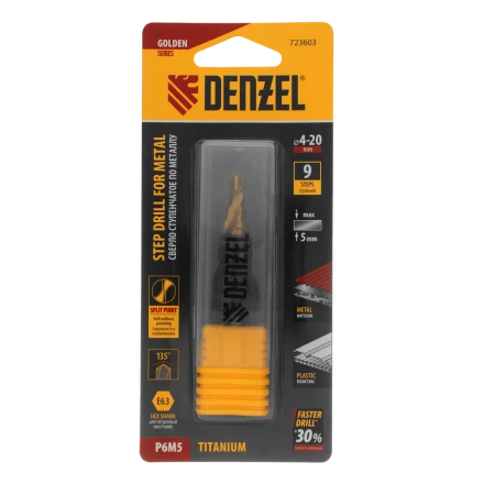 Сверло ступенчатое Denzel 723603 4-6-8-10-12-14-16-18-20 мм, Р6М5, 6-гр. хвостовик купить в Нягани