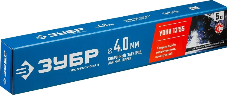 ЗУБР Д 4.0 х 450 мм, 5 кг в коробке, УОНИ 13/55 с основным покрытием, электрод сварочный, Профессионал (40025-4.0) купить в Нягани