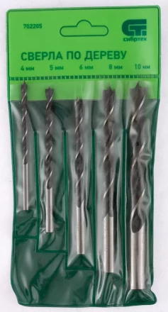 Набор сверл по дереву 4-5-6-8-10 мм 5 штук цилиндрический хвостовик СИБРТЕХ 702205 купить в Нягани